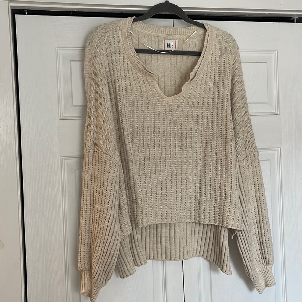BDG Cream Textured Knit Drop-Shoulder Sweater
